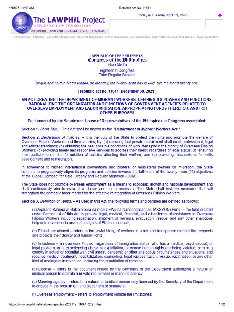 Republic Act 11641: Migrant Workers Act | PDF