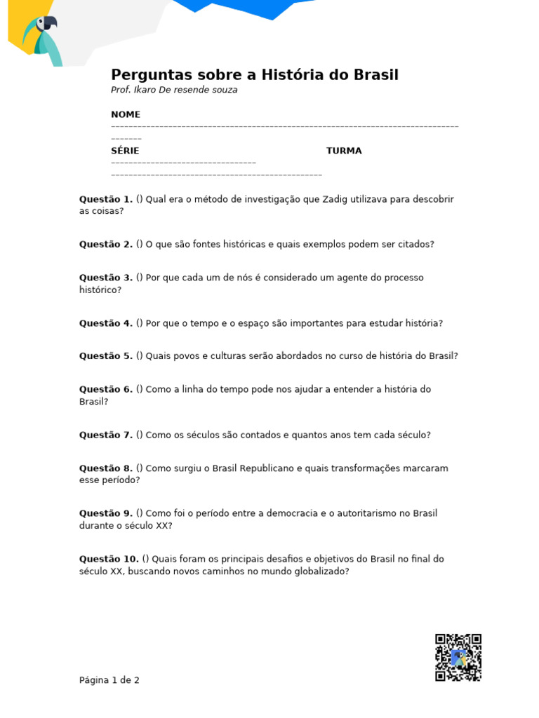 Perguntas sobre a História do Brasil | PDF | Brasil | Tempo