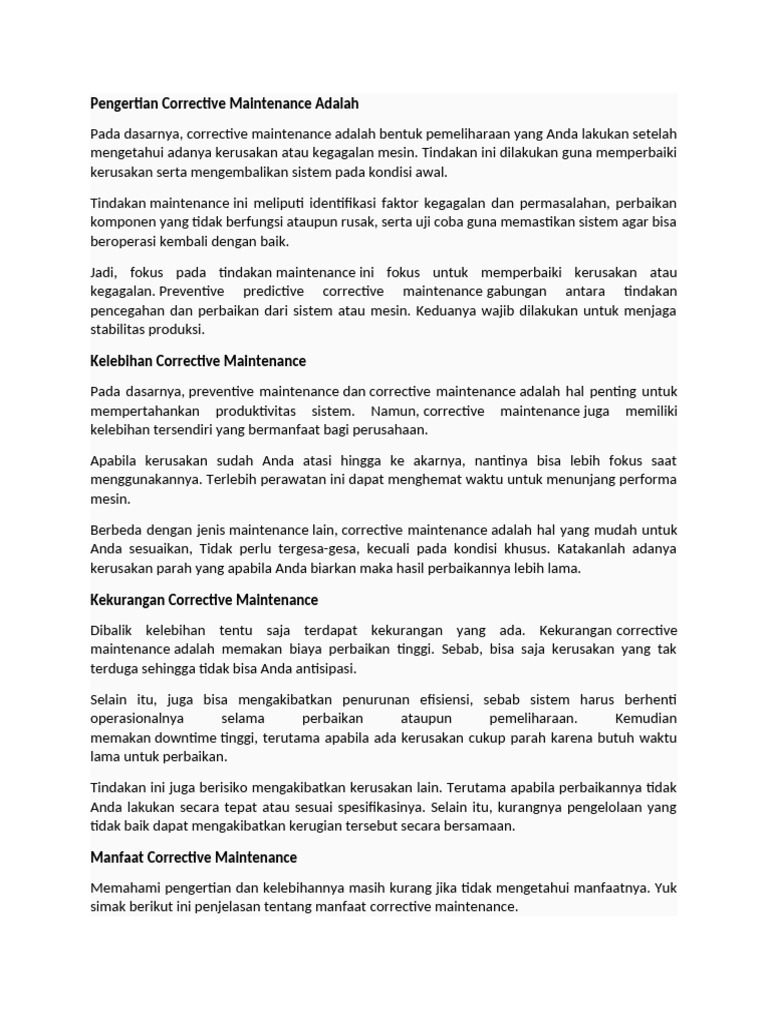 Definisi dan Manfaat Corrective Maintenance | PDF