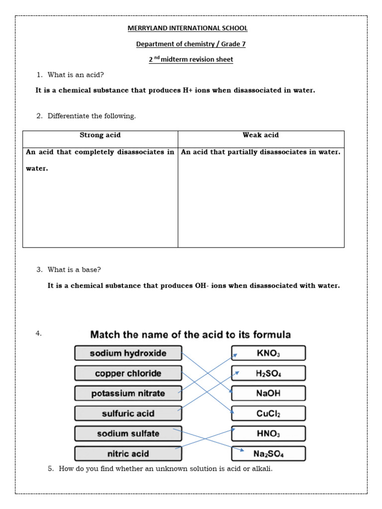 Grade 7 Chemistry Midterm Revision Guide | PDF | Acid | Hydroxide