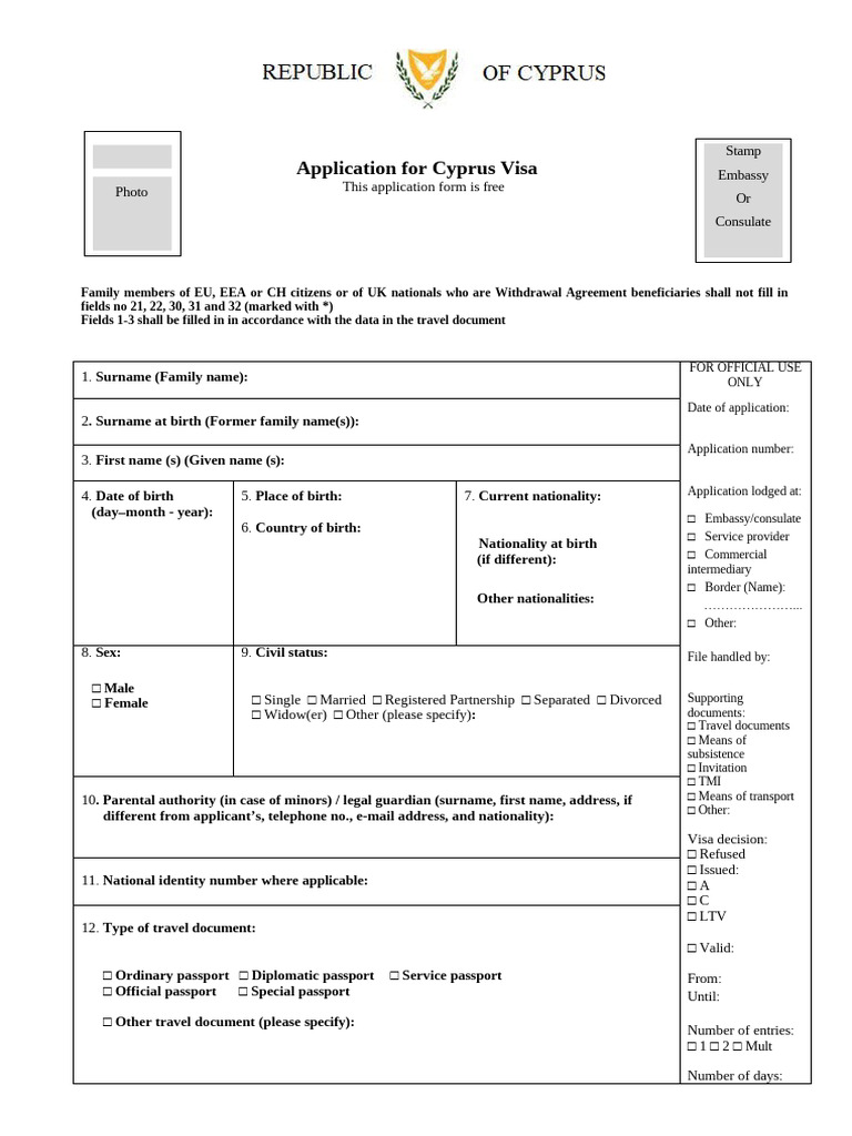 Cyprus Visa Application Form | PDF | Travel Visa | Passport