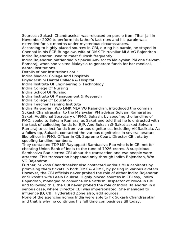 Indira Rajendran's Ties to Conman Scandal | PDF | Politics Of India ...