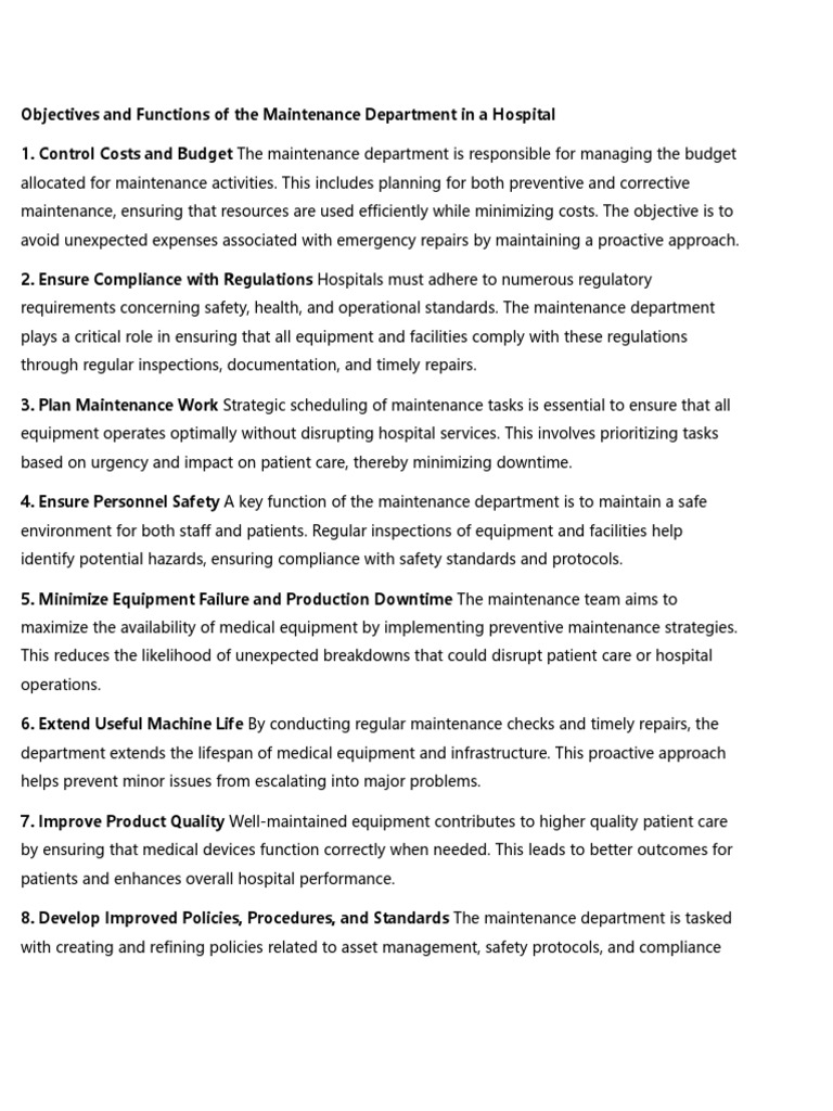 Hospital Maintenance Department Overview | PDF | Medical Device ...