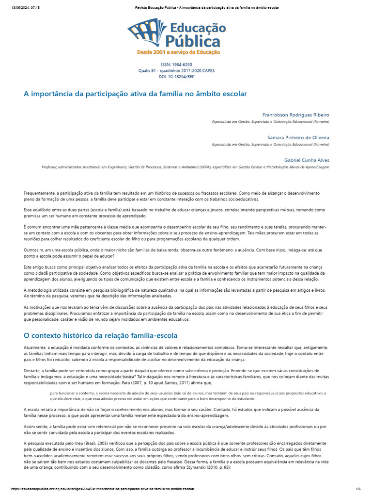 Participação da Família na Educação Escolar | PDF | Família | Aprendizado