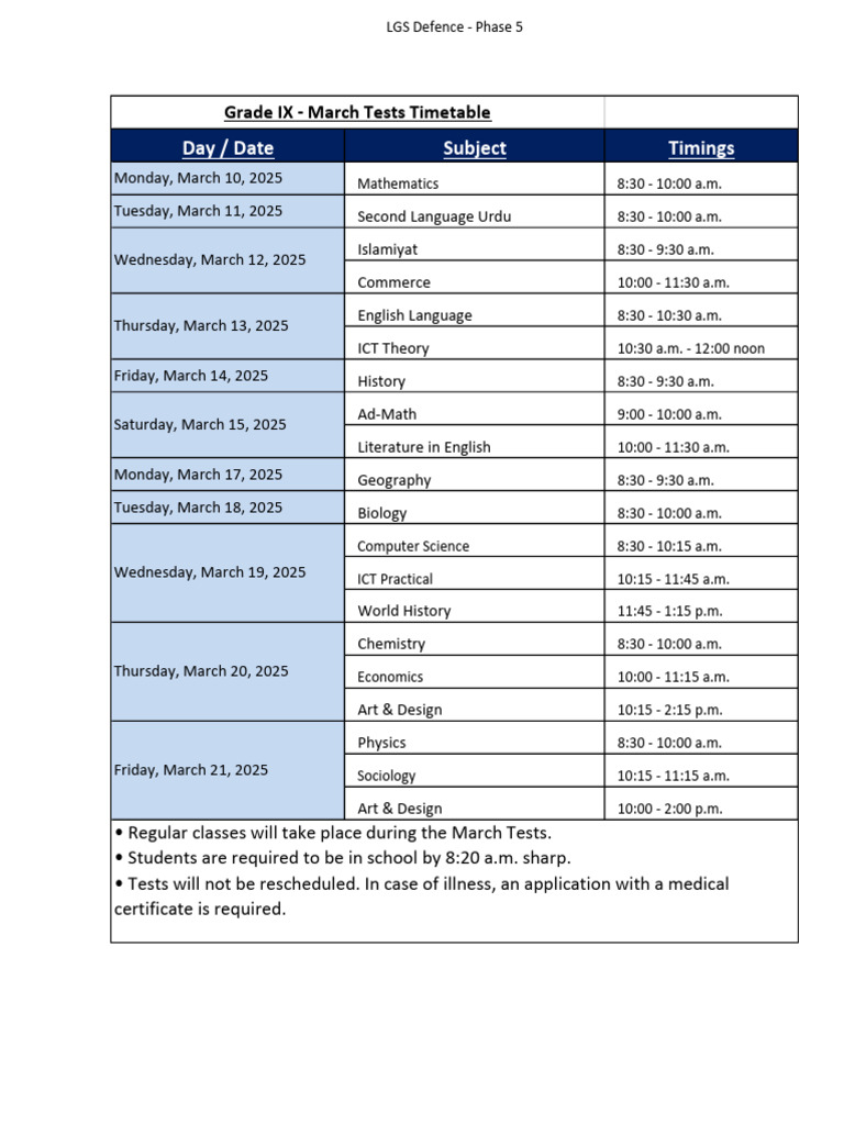 Grade IX March Tests Timetable 2025 | PDF