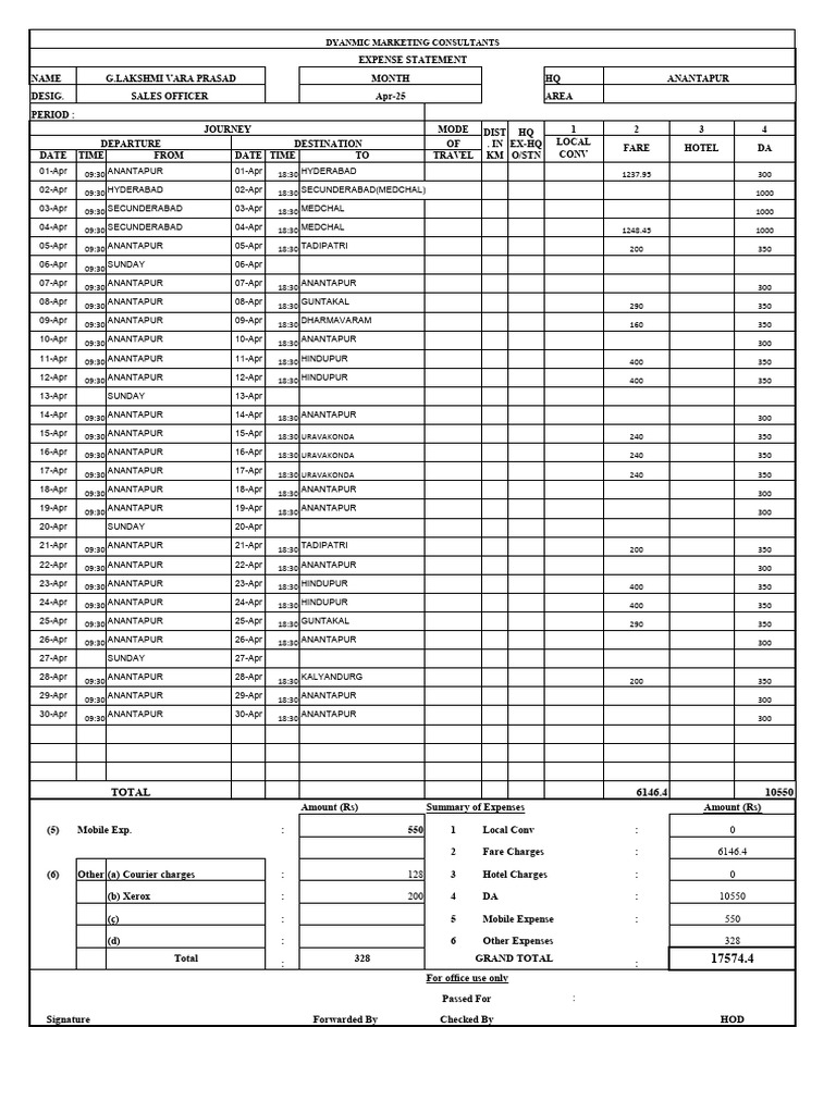 April 2025 Expense Report for Sales Officer | PDF