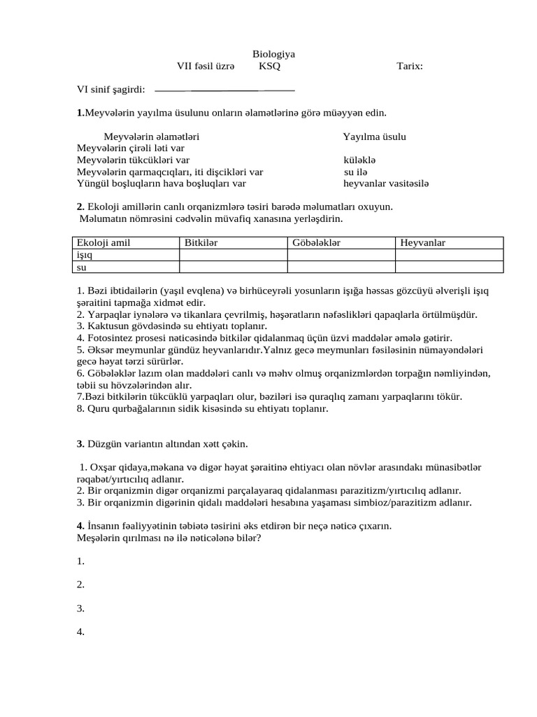 VII Fesil Uzre KSQ Biologiya | PDF