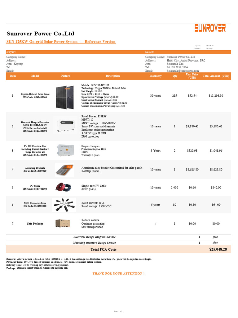 125KW On-Grid Solar System Quotation | PDF | Solar Panel | Photovoltaics