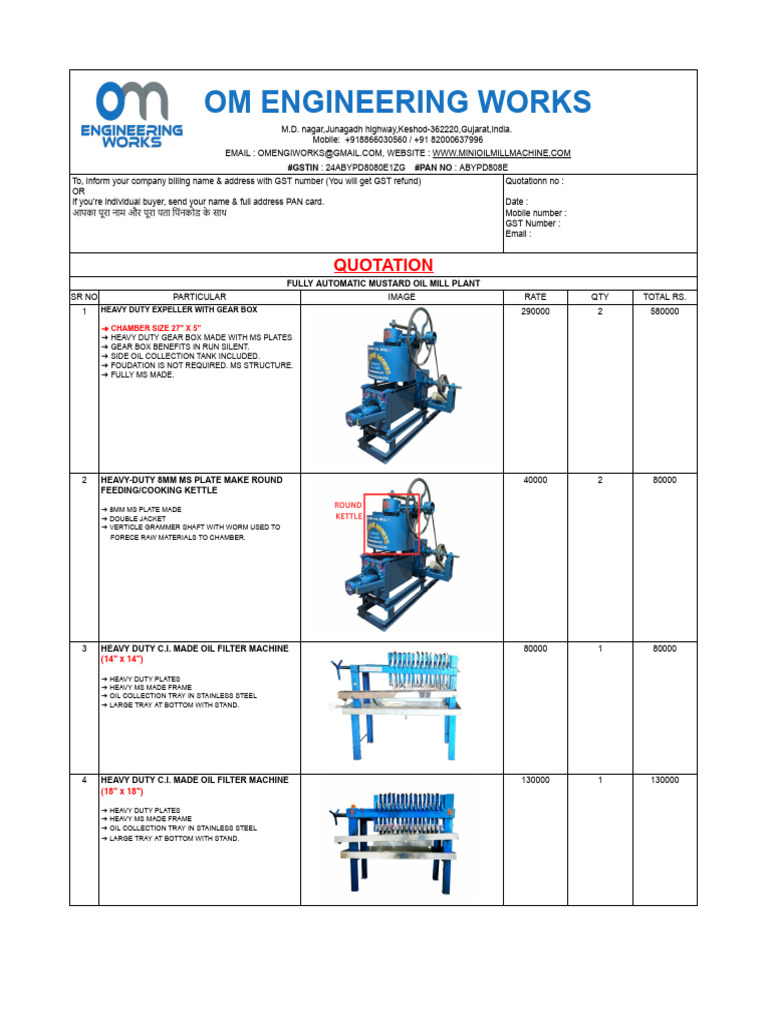 Mustard Oil Mill Plant Quotation | PDF