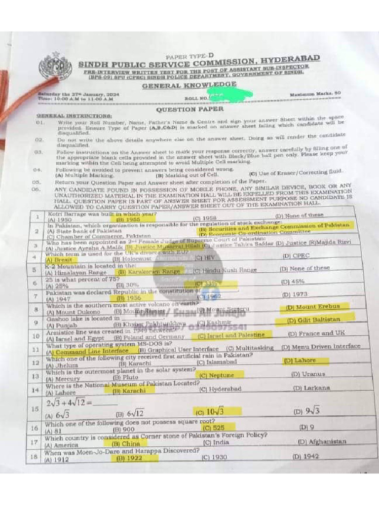 SPSC ASI CPEC Solved Papers With Complete Answers From Booklets & Notes ...