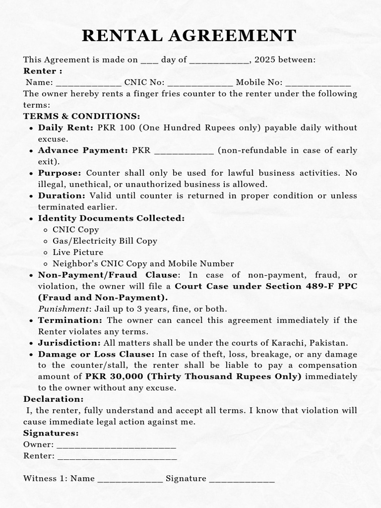 Finger Fries Counter Rental Agreement | PDF