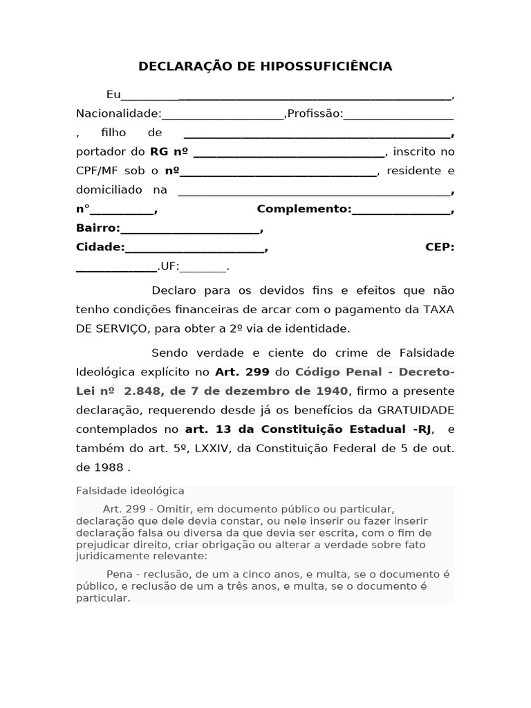 Modelo de Declaração de Hipossuficiência | PDF