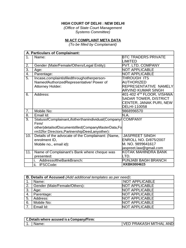 NI Act Complaint Metadata Form | PDF | Cheque