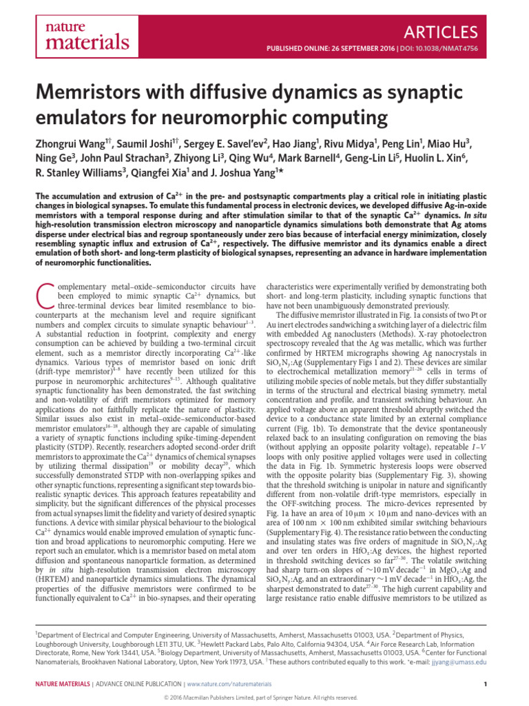Diffusive Memristors for Neuromorphic Computing | PDF | Synapse ...