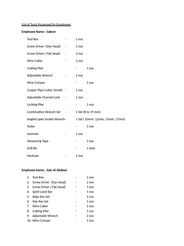 Employee Tool Inventory List | PDF | Screw | Drill