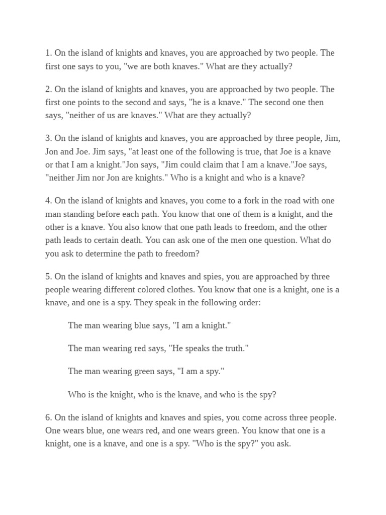 Knight and Knaves Problems | PDF | Religious Belief And Doctrine