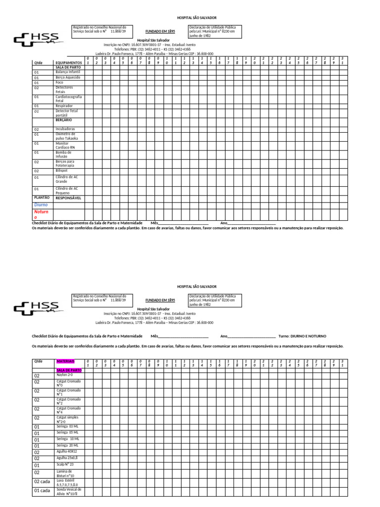 Checklist Equipamentos Maternidade Hospital São Salvador | PDF
