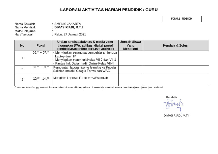 Aktivitas Harian Dimas Riadi di SMPN 6 | PDF