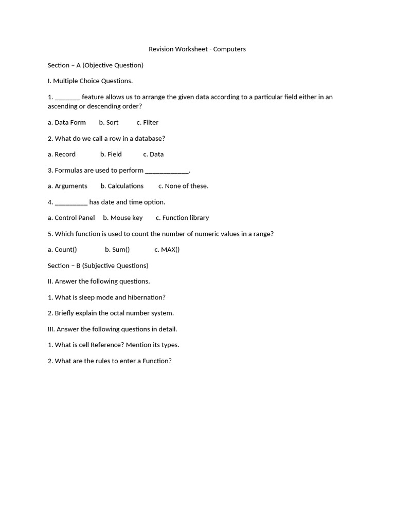 Revision Worksheet Computers | PDF