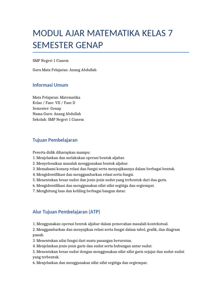 Modul Ajar Matematika Kelas 7 Genap | PDF