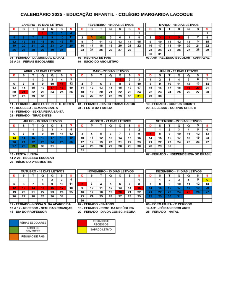 Calendário Escolar 2025 - Educação Infantil | PDF