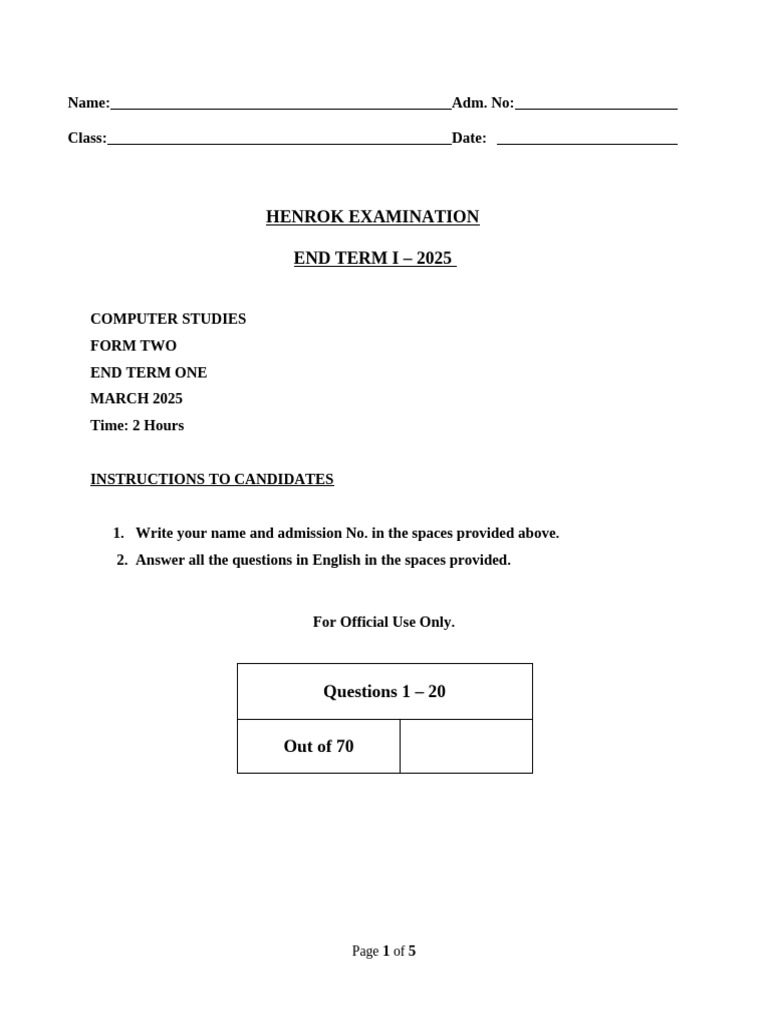 Form Two Computer Studies Exam 2025 | PDF | Computer Science | Computing
