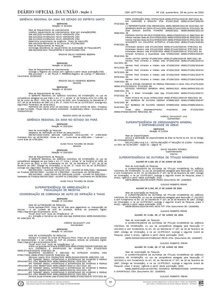 Despachos da ANM - Licenciamento e Pesquisa | PDF | Materiais ...