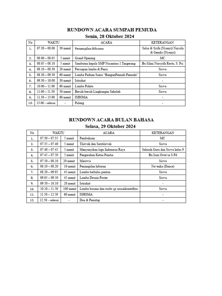 Rundown Acara Bulan Bahasa 2024 | PDF