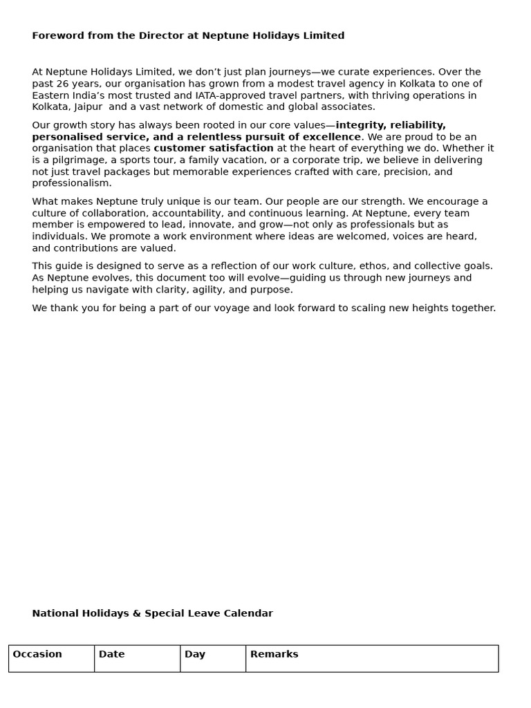 Neptune Holidays: Director's Foreword | PDF | Customer Relationship ...
