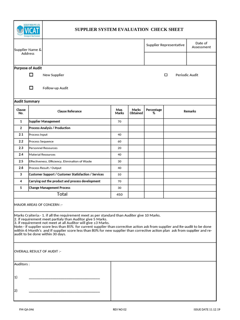 Supplier System Evaluation Checklist | PDF | Audit | Business