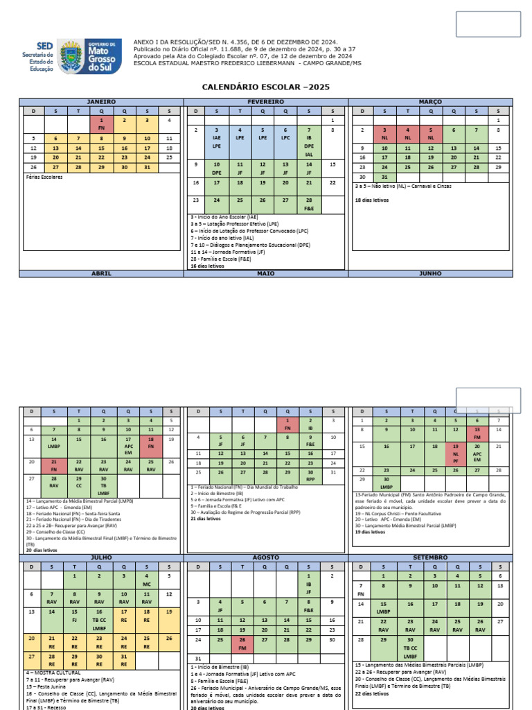 Calendário Escolar 2025 - Campo Grande/MS | PDF | Comemorações