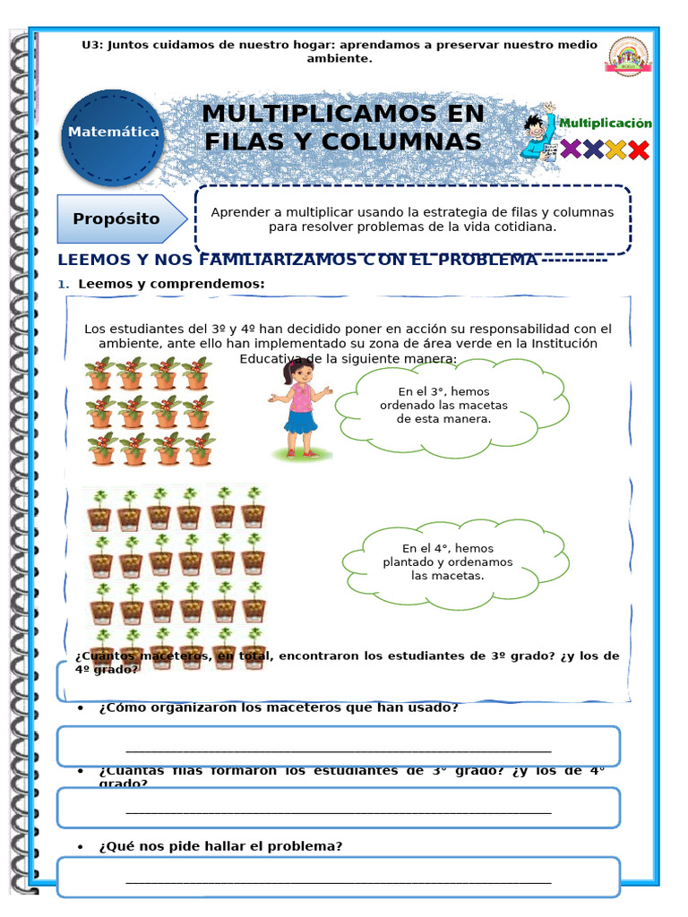 U3-Ficha-D2-Mat-Multiplicamos en Filas y Columnas | PDF | Aprendizaje