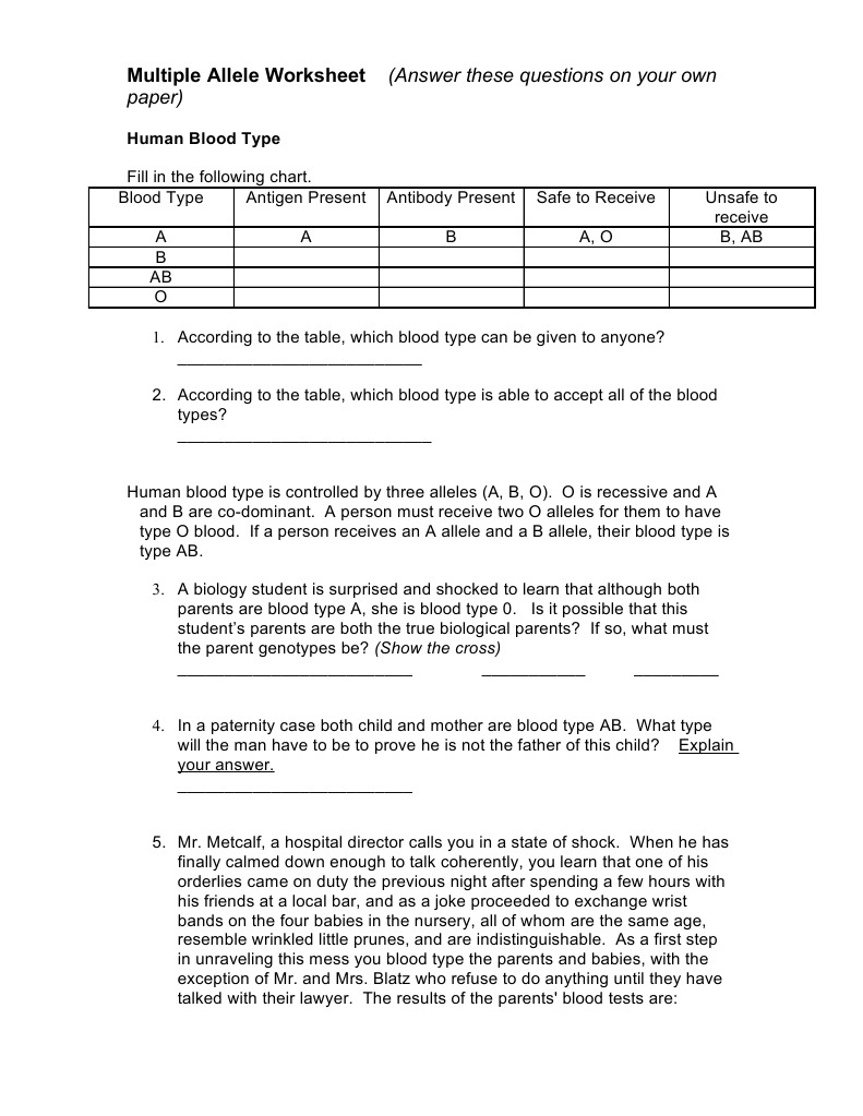 Worksheets Blood Type Worksheet multiple allele worksheet zygosity labrador retriever