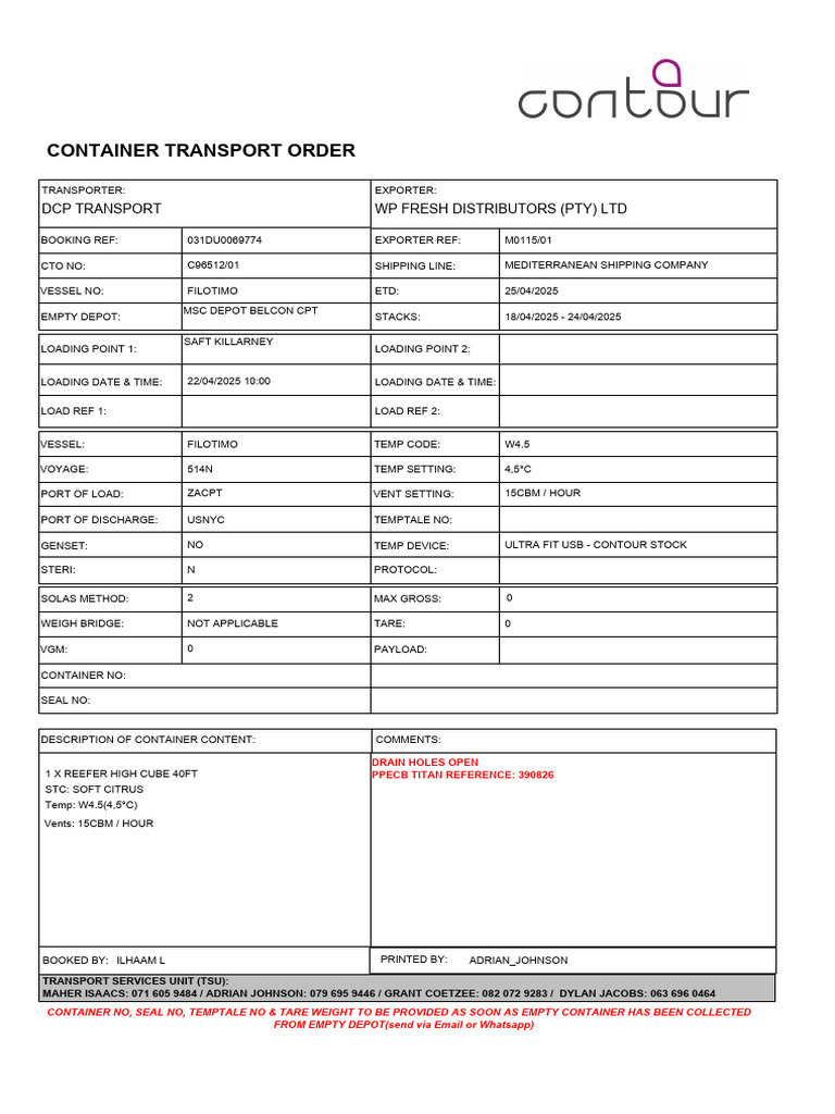 Container Transport Order for SAFT Killarney | PDF