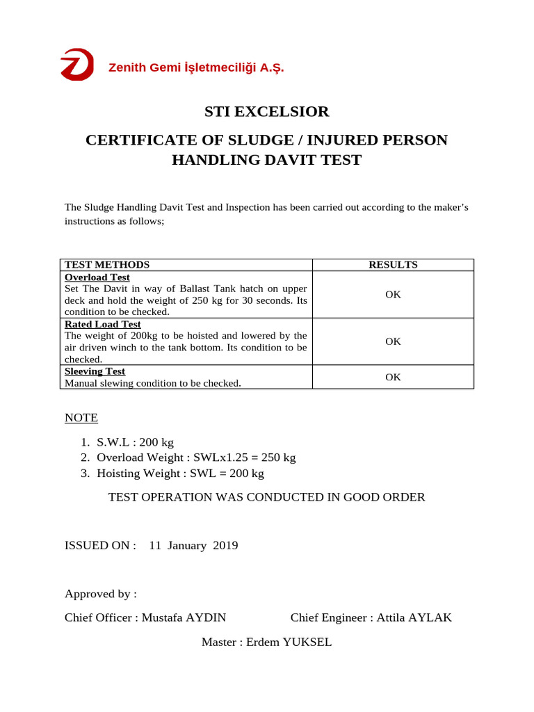 Sludge Handling Davit Certification Report | PDF