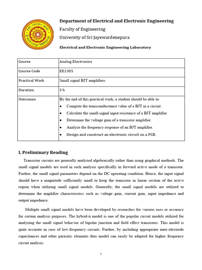 Small Signal BJT Amplifier Analysis | PDF | Bipolar Junction Transistor ...