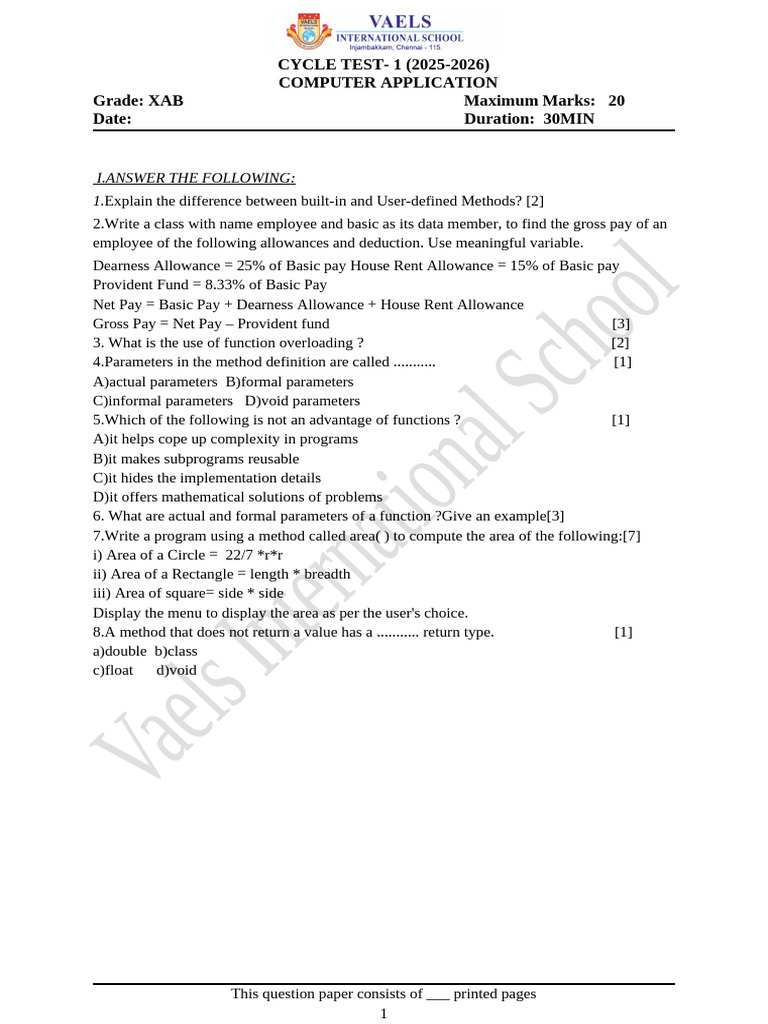 Computer Applications Cycle Test 2025-26 | PDF