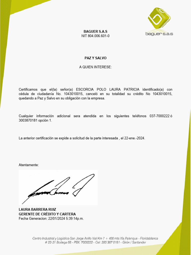 Certificación de Paz y Salvo - Escorcia Polo | PDF