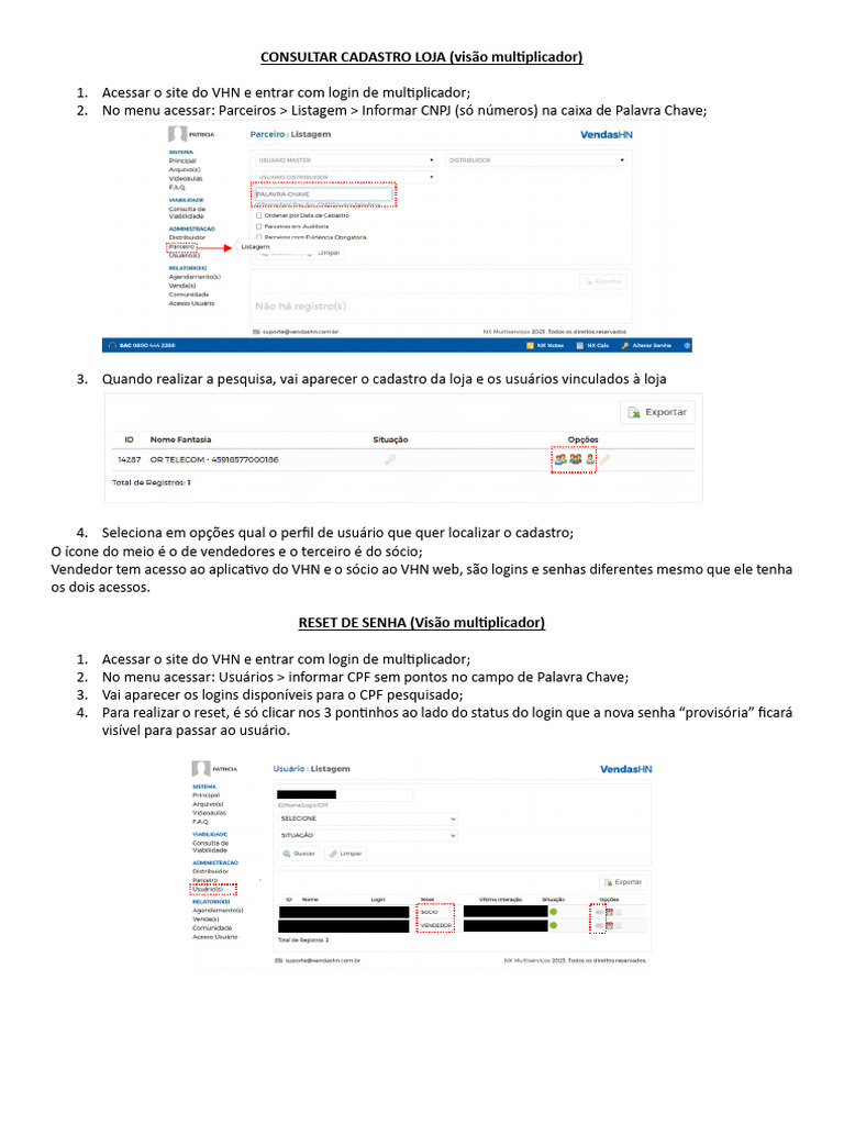 Como Consultar Cadastro e Resetar Senha VHN | PDF
