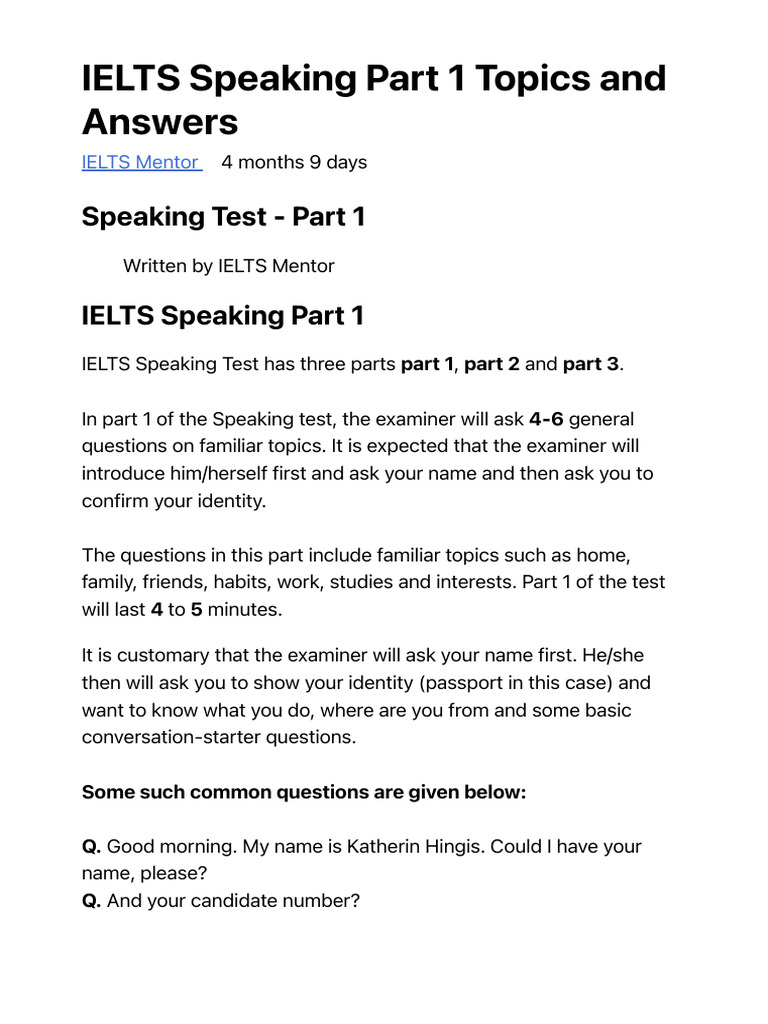 IELTS Speaking Part 1 Topics and Answers | PDF | Gift | Restaurants