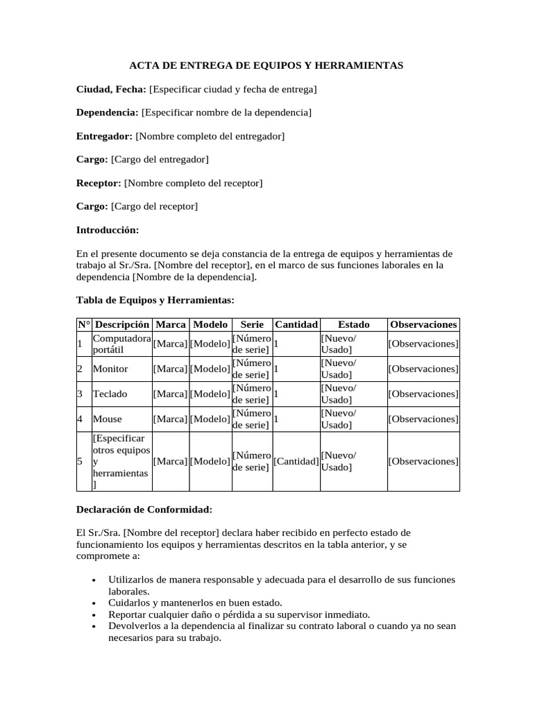 Acta de Entrega de Equipos y Herramientas | PDF | Informática