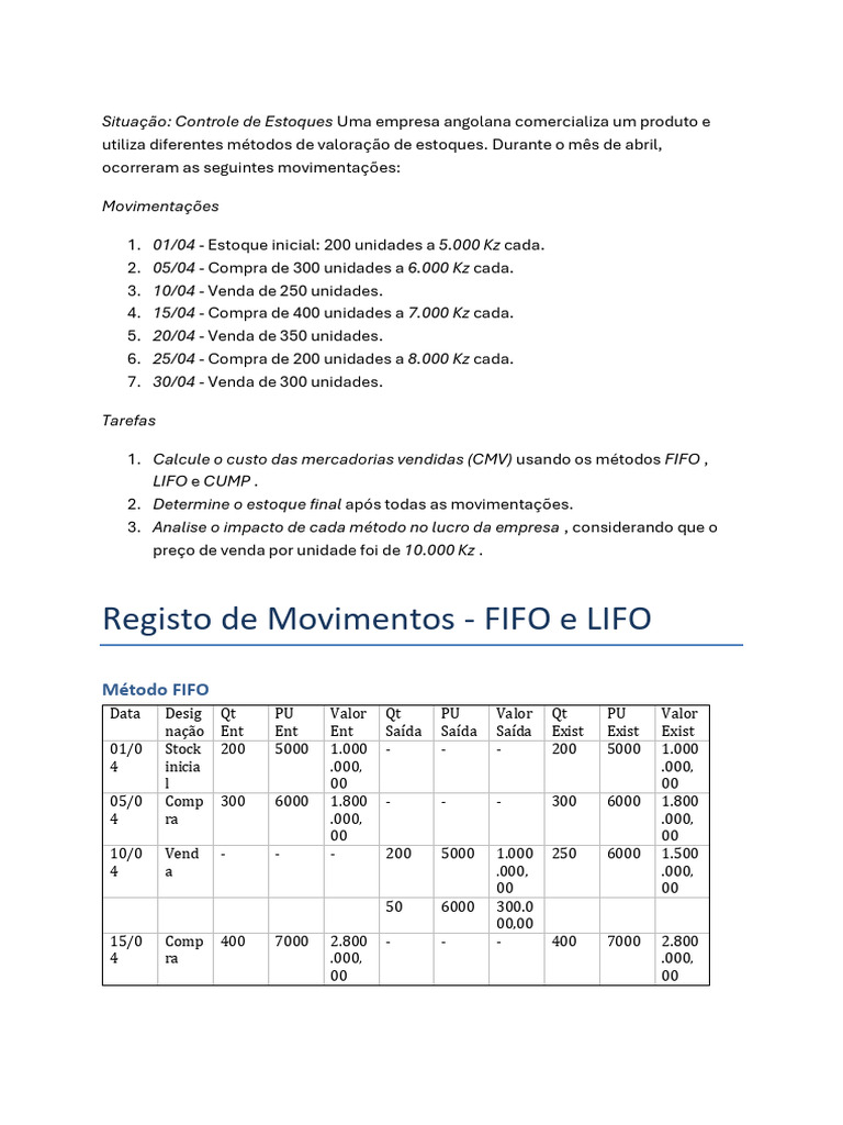 Valoração de Estoques: FIFO, LIFO e CMP | PDF