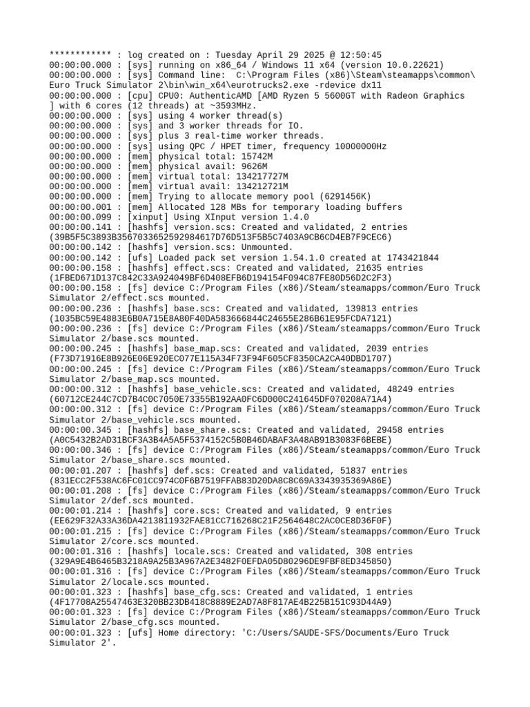 Euro Truck Simulator 2 Log Details | PDF | Text File | Computing