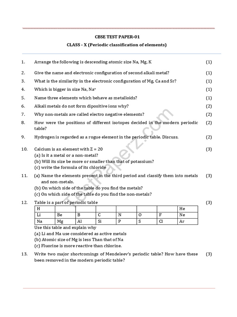 Class 10 Periodic Table Test Paper | PDF