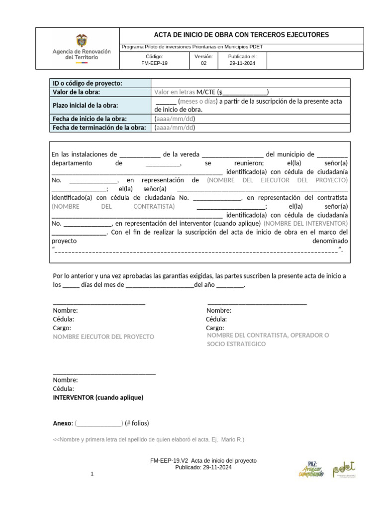 Acta de Inicio de Obra PDET 2024 | PDF | Costa Rica | Autenticación