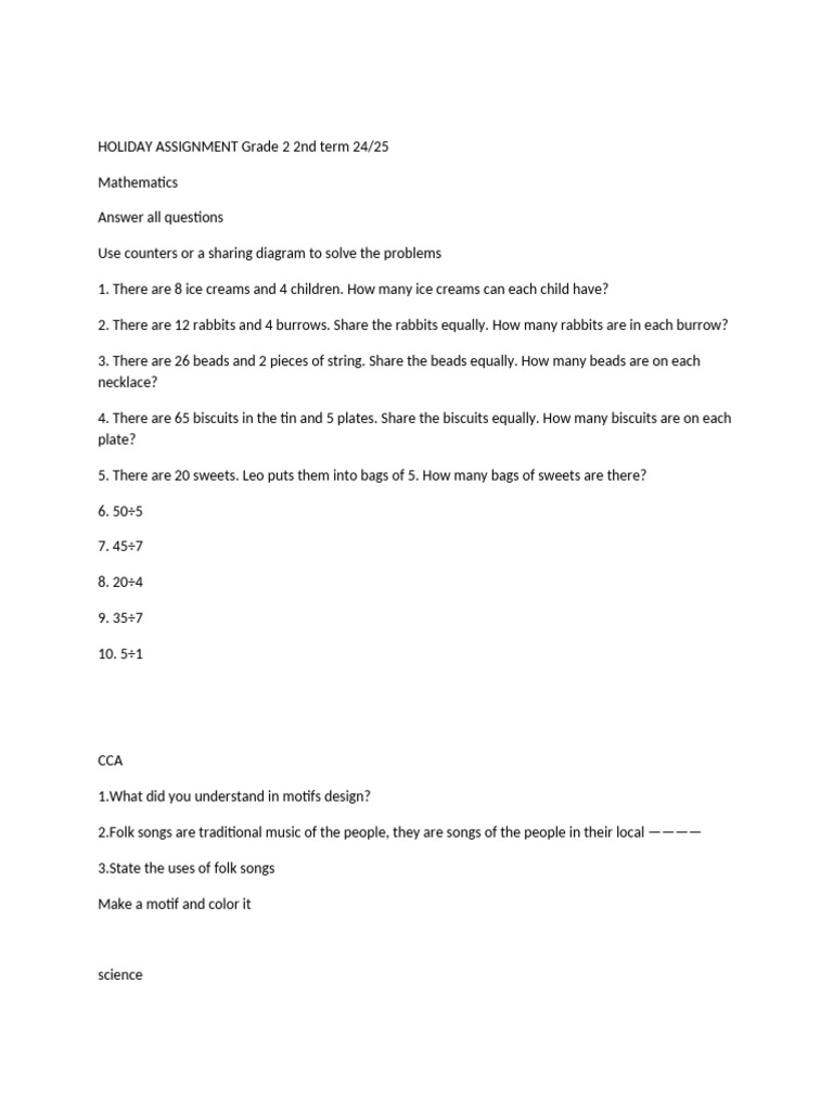 Grade 2 Holiday Assignment 24/25 | PDF