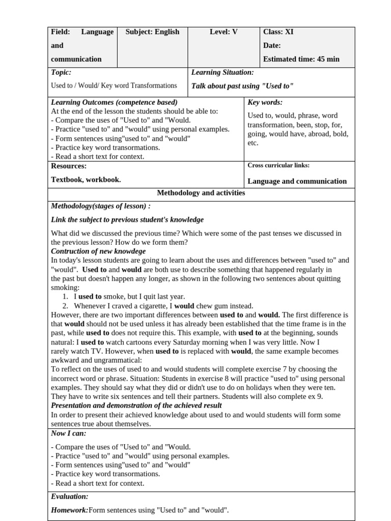 32. Used to Would Key Word Transformations | PDF | Learning | Language ...