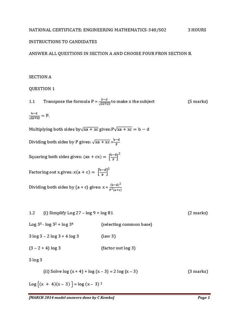 Engineering Mathematics Model Answers | PDF | Area | Quadratic Equation