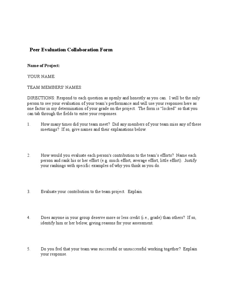 Peer Evaluation Team Assessment Form | PDF