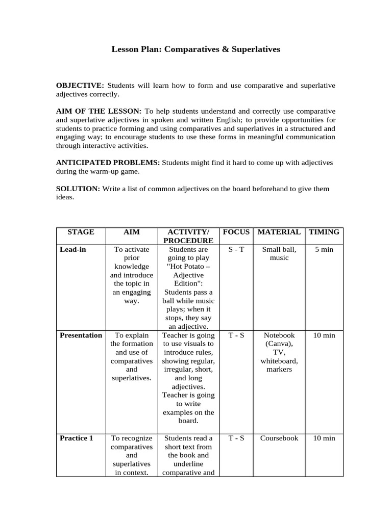 Lesson Plan for Comparatives & Superlatives | PDF | Linguistics | Languages